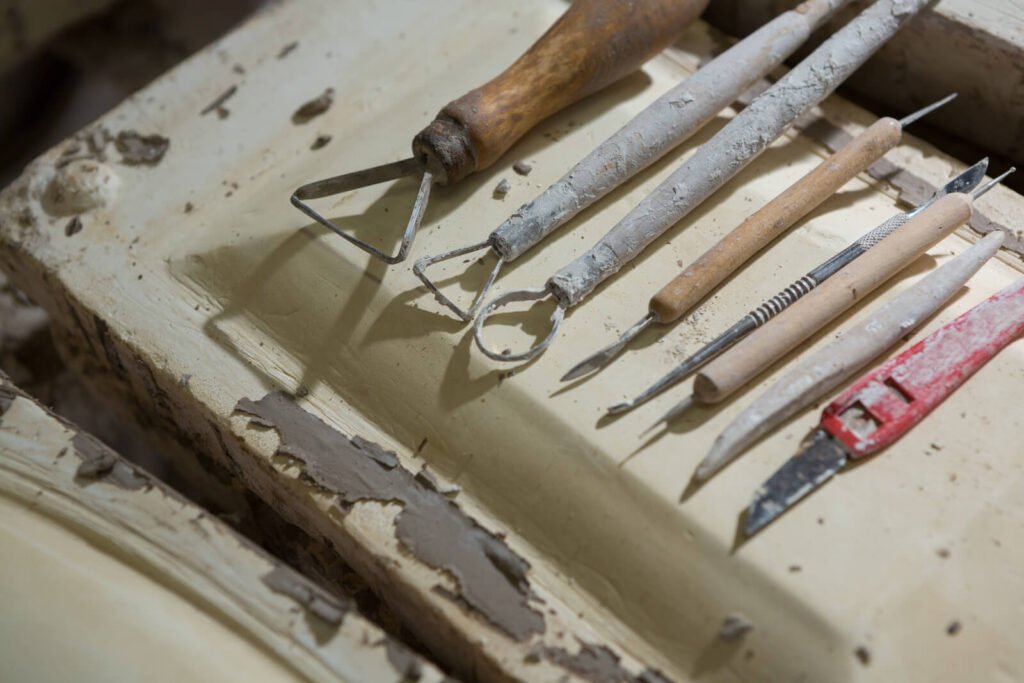 Various pottery tools in workshop